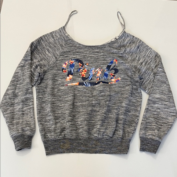 Pink Victoria's Secret  Gray Off-the-Shoulder Sweater with Floral Logo Size XS - Picture 1 of 9